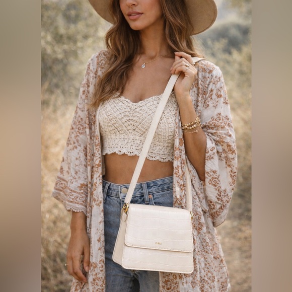 JW PEI Handbags - JW Pei Croc Embossed Mini Shoulder Bag Cream Vegan Leather Gold Hardware